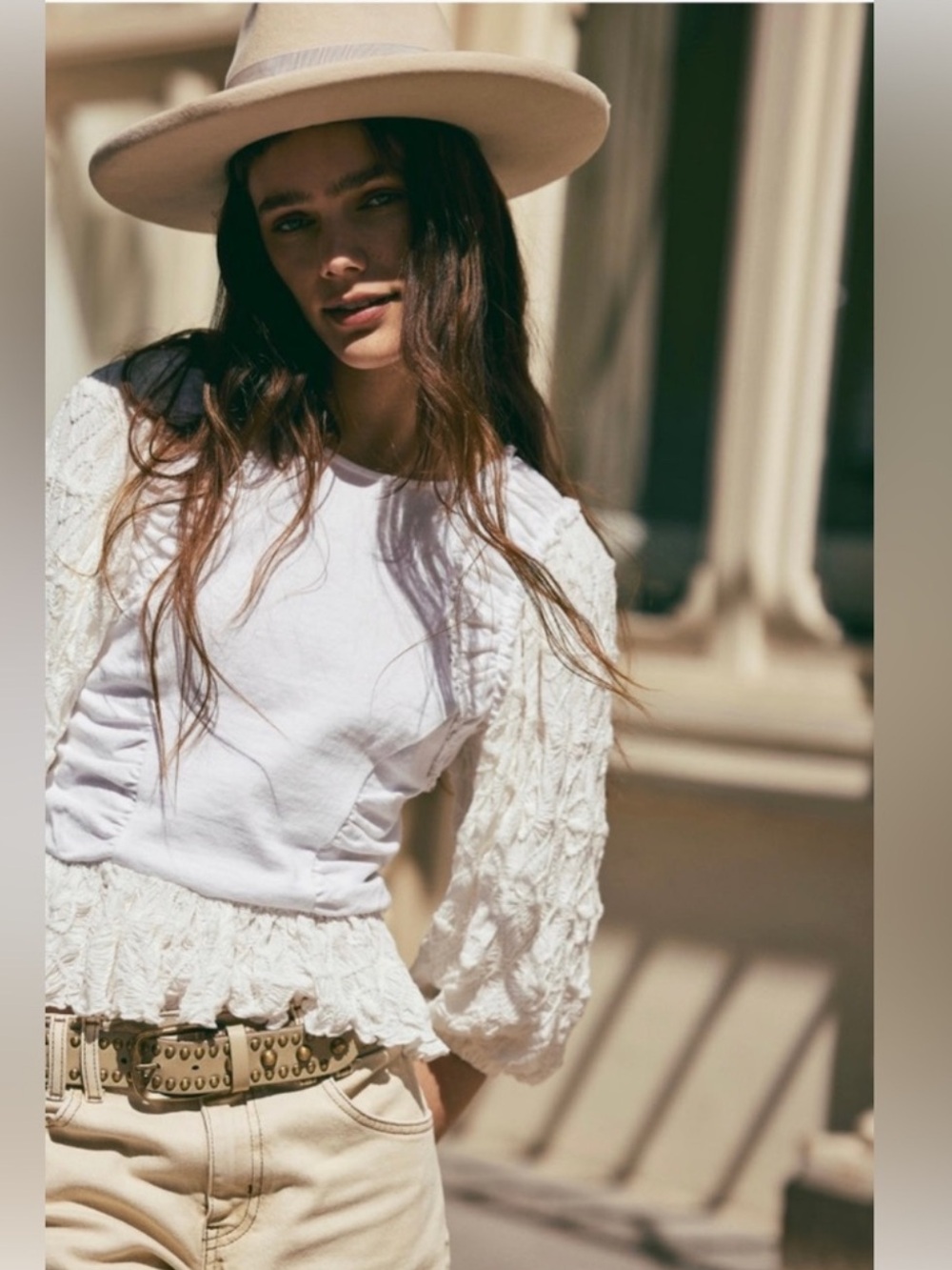 Free People Olivia Top S White Puff Sleeve Corset Peplum Boho Cottagecore